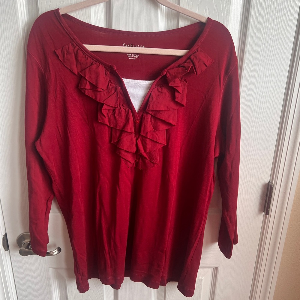 Van Heusen Ruffle Top Layered Look Long Sleeve‎ Blouse Red Size M Cotton